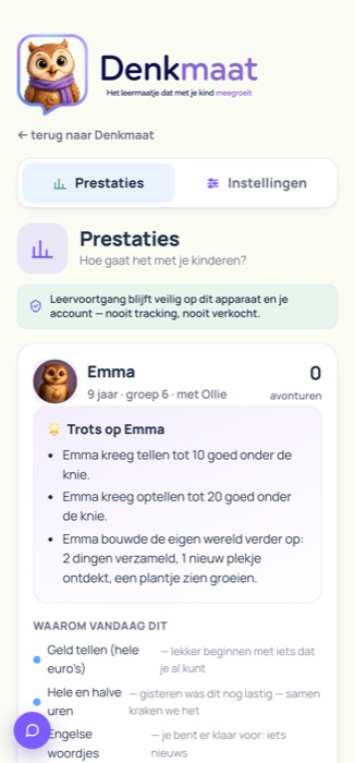 Echte Prestaties-tab in het ouderportaal: 'Trots op Emma' met leermomenten in gewone taal, en 'waarom vandaag dit' met de reden per keuze